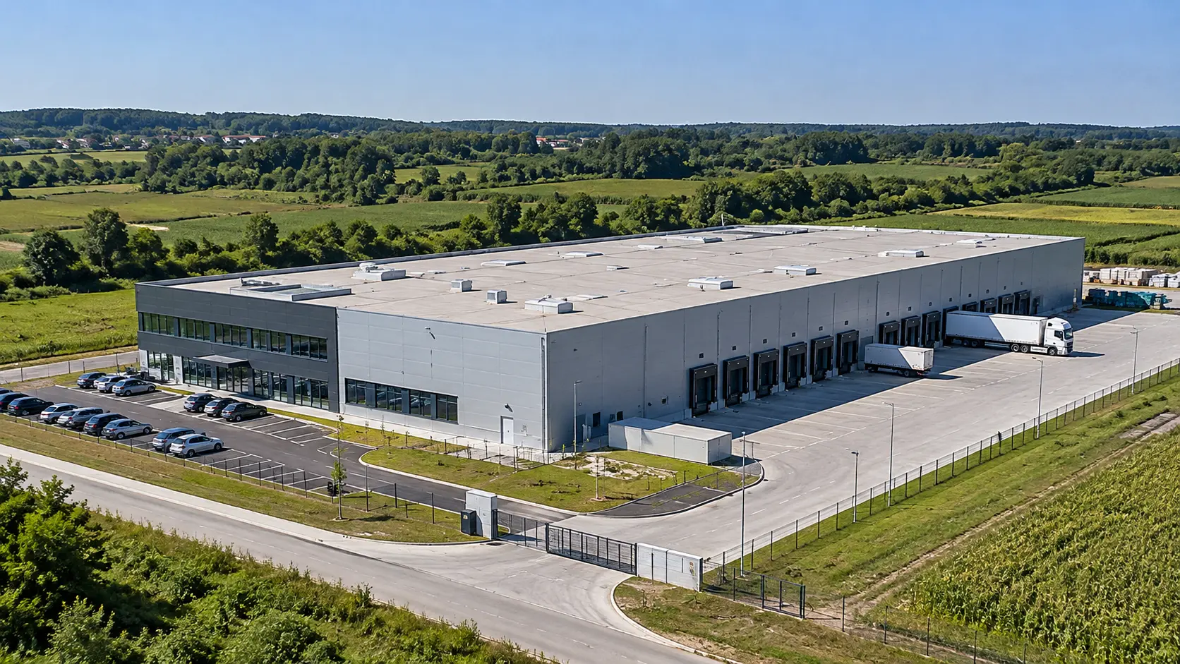 Bijeli logistički objekt okružen zelenim poljima